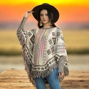 Women's Geometric Tribal Aztec Rainbow Fringe Poncho Tan Knit One Size Excellent